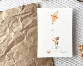 Carte illustrée souris et cerf-volant - aquarelle champêtre douce et poétique, papeterie artisanale, cadeau de naissance, décoration murale