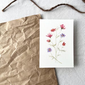 Illustrierte Karte mit Wildblumenstrauß - sanftes und poetisches Landaquarell, handgemachtes Briefpapier, Geschenk für sie, Wanddekoration