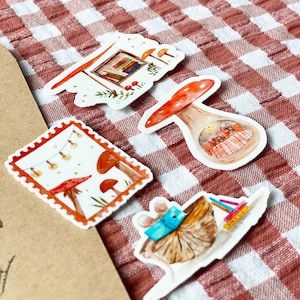 Pack 4 stickers automne, autocollants vinyles mattes, champignon timbré, livres féeriques, pause lecture, nid douillet, animaux mignons