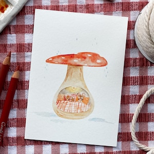 Carte postale, maison champignon, automne illustration, cosy moment, famille, animaux mignons, peinture aquarelle, cocon de douceur