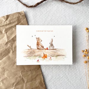 Carte illustrée animaux mignons - aquarelle champêtre douce et poétique, papeterie artisanale Saint-valentin, cadeau ami, décoration murale