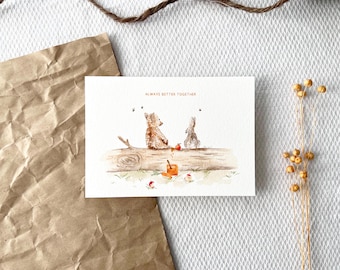 Linda tarjeta ilustrada con animales: acuarela campestre suave y poética, papelería hecha a mano para el Día de San Valentín, regalo para amigos, decoración de pared