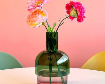 Medium Flip Vase, Groen en Roze, Glazen Vaas, Onomkeerbare vaas, Mondgeblazen glazen vaas, Cloudnola, Bloemenvaas, Avocadovaas, cloudnola