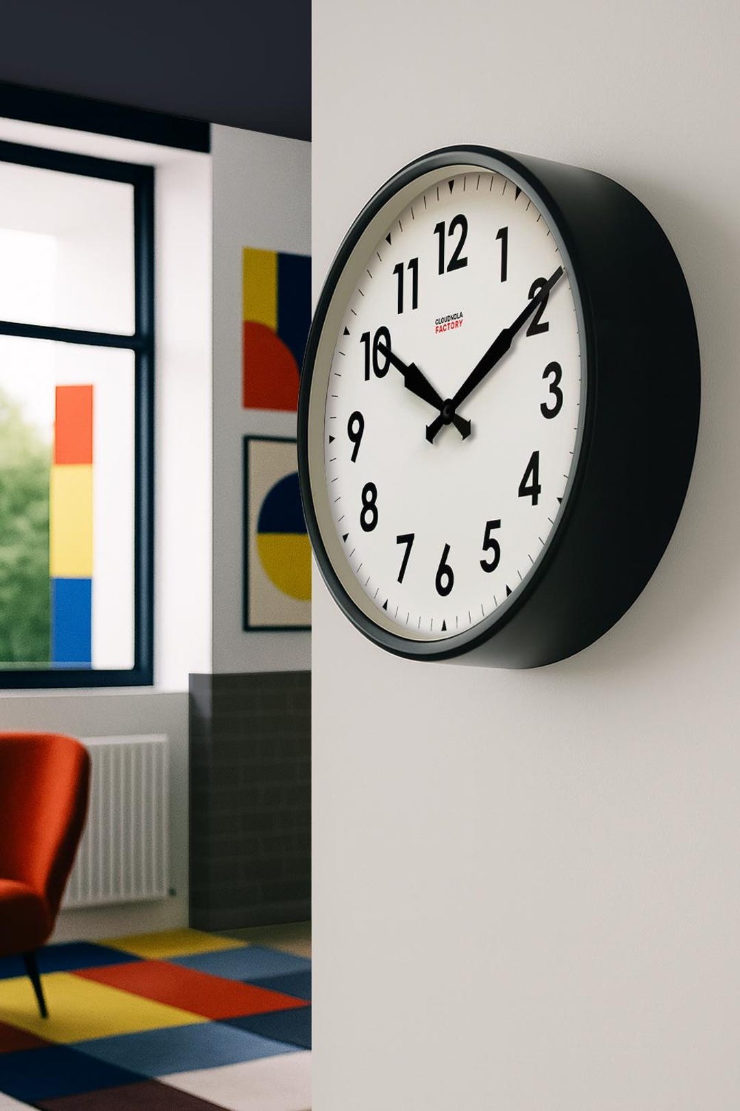 XL Black Steel Wall Clock - Silent Mid-century Modern Factory