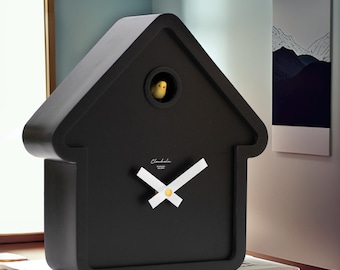 MoMA Limited Edition Modern Cuckoo House Clock – Black Wooden Bird Clock by Cloudnola