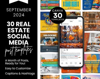 30 Real Estate Social Media Templates, Posts, Content, Marketing, Calendar -September 2024, Realtor Canva, Engaging Captions, Editable, Fall