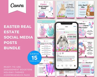 15 Easter Real Estate Social Media Posts Bundle + IG Highlights, Editable in Canva, Instant Download, Templates with Captions & Hashtags