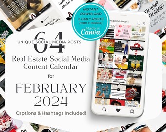 Real Estate Social Media Templates, Posts, Content, Marketing, Calendar - February 2024, | Realtor Canva | Engaging Captions | Editable