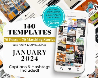 Real Estate Social Media Templates, Posts, Content, Marketing, Calendar - January 2024, Story | Realtor Canva | Engaging Captions |Editable