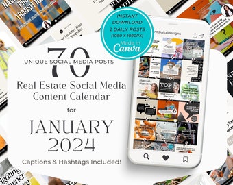 Real Estate Social Media Templates, Posts, Content, Marketing, Calendar - January 2024, | Realtor Canva | Engaging Captions | Editable