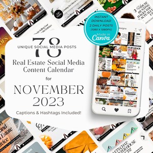 Könnte beinhalten: Ein digitaler Marketingkalender für Immobilienmakler mit 78 einzigartigen Social-Media-Posts für November 2023. Der Kalender enthält Bildunterschriften und Hashtags. Das Bild zeigt einen Telefonbildschirm, auf dem ein Raster mit bunten Social-Media-Posts mit Herbstmotiven angezeigt wird.