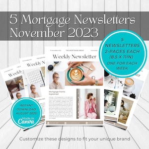 5x Two-Page Mortgage Newsletters - Editable Canva Templates for Loan Officers, Mortgage Professionals, Financial Consultants, November 2023