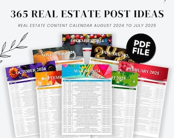 365 Social Media Post Ideas for Real Estate Agents: August 2024 - July 2025 Calendar, Real Estate Marketing, Social Media Content Calendar