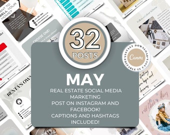 Real Estate May Social Media Posts, Post on Instagram and Facebook, Captions and Hashtags Included, Real Estate Marketing, Canva Template