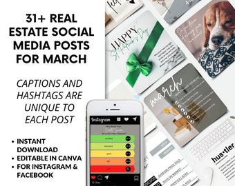 Real Estate March Social Media Posts | Real Estate Marketing | Facebook Posts for March | Instagram Posts for March |  Canva Templates
