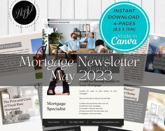 Pode incluir: Um design em preto e branco para um boletim informativo sobre hipotecas com o título "Mortgage Newsletter Monthly May 2023". O boletim informativo apresenta uma foto de um casal sentado em um sofá, jogando aviões de papel. O boletim informativo inclui dicas para economizar dinheiro em uma hipoteca, como fazer pagamentos extras, refinanciar e negociar com um credor.