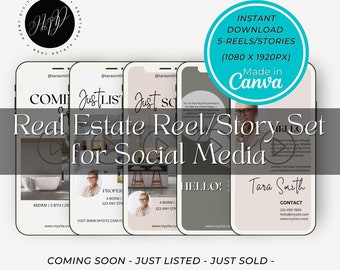 5 Real Estate Videos for Reels & Stories, Coming Soon, Just Listed, Just Sold, Real Estate Agent Intro, Canva Templates, Instagram, Facebook