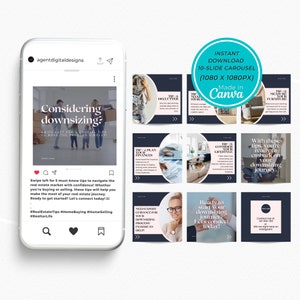 Op de afbeelding: Een carrousel van 10 dia's voor social media marketing met tips voor het verkleinen van je woning. De carrousel bevat tips over opruimen, financiën plannen, levensstijl overwegen en meer. De carrousel is gemaakt in Canva en is 1080 x 1080 pixels.
