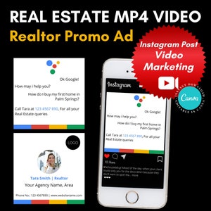 May include: A red, white, and blue Google Assistant logo with the text "Ok Google!" and the text "How may I help you?" and "How do I buy my first home in Palm Springs?" and "Call Tara at 123 4567 890, For all your Real Estate queries". The image is a mock-up of a real estate agent's Instagram post video.