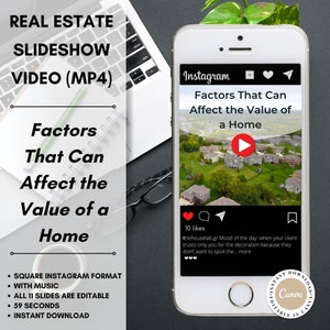 Könnte beinhalten: Ein Smartphone-Bildschirm zeigt einen Instagram-Beitrag über Faktoren, die den Wert eines Hauses beeinflussen. Der Beitrag enthält ein Video einer Luftaufnahme eines Vorstadtviertels, einen Wiedergabe-Button und den Text "Faktoren, die den Wert eines Hauses beeinflussen können". Der Beitrag enthält außerdem 10 Likes und einen Kommentar von thehouselab.gr über die Stimmung des Tages.