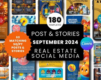 September 2024 Real Estate Social Media Templates, 180 Editable Canva Templates, Realtor Instagram, Facebook Posts, Stories, Agent Marketing