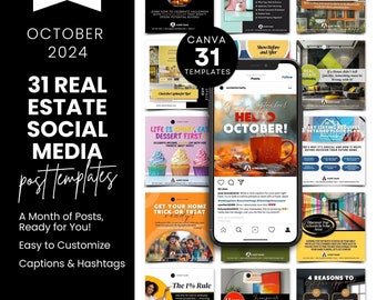 31 Real Estate Social Media Templates, Posts, Content, Marketing, Calendar, October 2024, Realtor Canva, Caption, Editable, Halloween, Agent