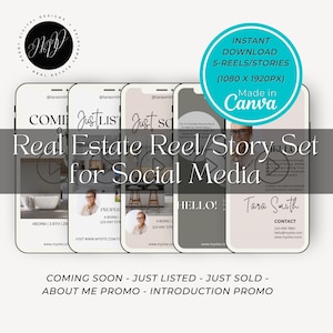 5 Real Estate Videos for Reels & Stories, Coming Soon, Just Listed, Just Sold, Real Estate Agent Intro, Canva Templates, Instagram, Facebook