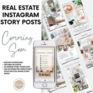 May include: A set of 20 Instagram story templates for real estate agents. The templates are editable in Canva and can be used as animated video stories or still image stories. The templates feature a modern design with a white background and black text. The text includes "Coming Soon" and "New Listing".