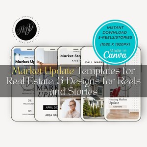 Real Estate Market Update Templates: 5 Designs for Social Media Reels and Stories, Real Estate Branding, Canva Templates, Instant Download
