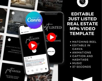 Editable Just Listed Real Estate MP4 Video Template + Matching Reel | Canva Social Media Templates | Customizable Marketing for Realtors