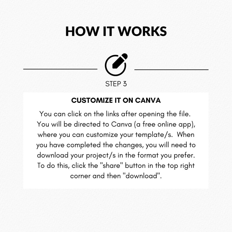 May include: A step-by-step guide on how to customize a template using Canva. The image shows a pencil icon and the text "STEP 3 CUSTOMIZE IT ON CANVA". The text below explains how to customize the template and download it in the desired format.