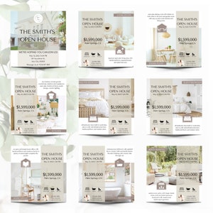 May include: A collection of real estate open house flyers. Each flyer features the text "THE SMITH'S OPEN HOUSE" with details including the date, time, and price of $1,599,000. The flyers showcase different rooms.
