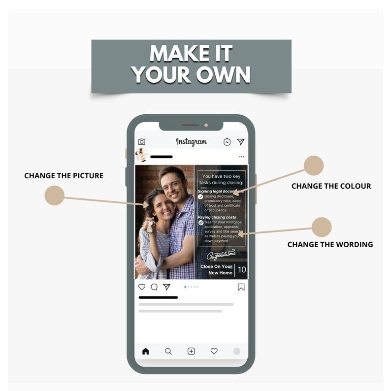 May include: Instagram post with a photo of a couple holding keys to their new home. The text reads "You have two key tasks during closing: Signing legal documents and Paying closing costs". The post also includes the text "Close On Your New Home" and the number 10.