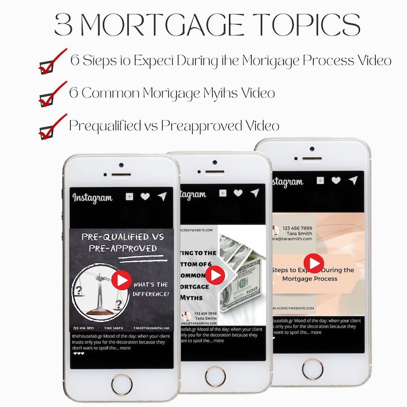 May include: Three Instagram posts about mortgage topics. The first post is titled "Pre-qualified vs Pre-approved" and features a scale with a question mark on each side. The second post is titled "Getting to the Bottom of 6 Common Mortgage Myths" and features a stack of money. The third post is titled "Steps to Expect During the Mortgage Process" and features a play button.