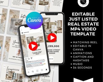 Editable Just Listed Real Estate MP4 Video Template + Matching Reel | Canva Social Media Templates | Customizable Marketing for Realtors