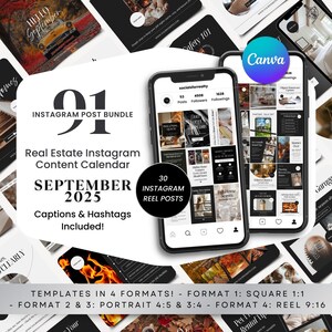 May include: A digital product bundle for real estate Instagram content. The image shows a phone with Instagram posts, a Canva logo, and text that reads "September 2025" and "Captions & Hashtags Included!" The bundle includes 30 reel posts.