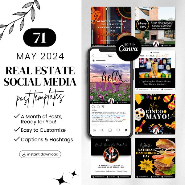 Real Estate Social Media Templates, Posts, Content, Marketing, Calendar - May 2024, | Realtor Canva | Engaging Captions | Editable | Insta