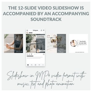 May include: A 12-slide video slideshow with music, text, and photo animation. The slideshow is accompanied by an accompanying soundtrack. The image shows three slides from the slideshow. The first slide shows a hand holding a phone with the text "Check Your Credit Score 01". The second slide shows a house with the text "The Home Buying Process in 10 Steps". The third slide shows a pile of coins with the text "Choose a Lender and Get Preapproved for a Mortgage 03".