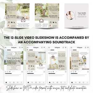 May include: A real estate marketing package featuring Instagram posts, a business card, and promotional materials for an open house. The design includes images, text, and a video slideshow with music and animation.