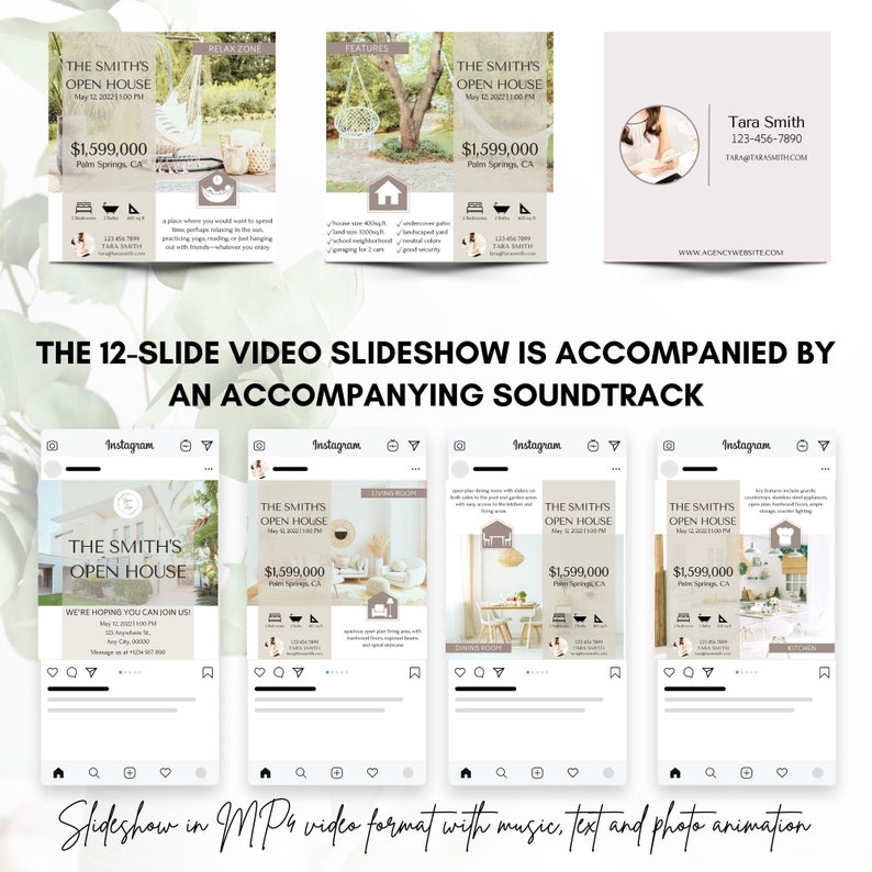 May include: A real estate marketing package featuring Instagram posts, a business card, and promotional materials for an open house. The design includes images, text, and a video slideshow with music and animation.