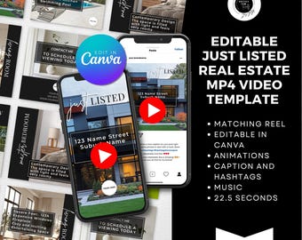 Editable Just Listed Real Estate MP4 Video Template + Matching Reel | Canva Social Media Templates | Customizable Marketing for Realtors