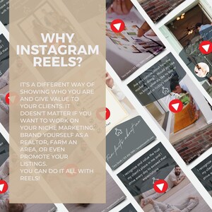 May include: A collage of images with text overlays explaining the benefits of using Instagram Reels for business. The text reads "Why Instagram Reels? It's a different way of showing who you are and give value to your clients. It doesn't matter if you want to work on your niche marketing, brand yourself as a realtor, farm an area, or even promote your listings. You can do it all with Reels!"