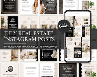 July Real Estate Instagram Templates, 31 Canva Posts for Realtors, Single Posts + Carousels