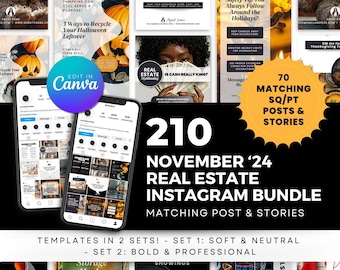 November 2024 Real Estate Social Media Templates, 210 Editable Canva Templates, Realtor Instagram, Facebook Posts, Stories, Agent Marketing