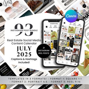 May include: A digital product bundle for real estate social media content. The image shows two smartphones displaying Instagram posts, with the text "July 2025" and "93 Instagram Post Bundle." Captions and hashtags are included. Templates are in 3 formats.