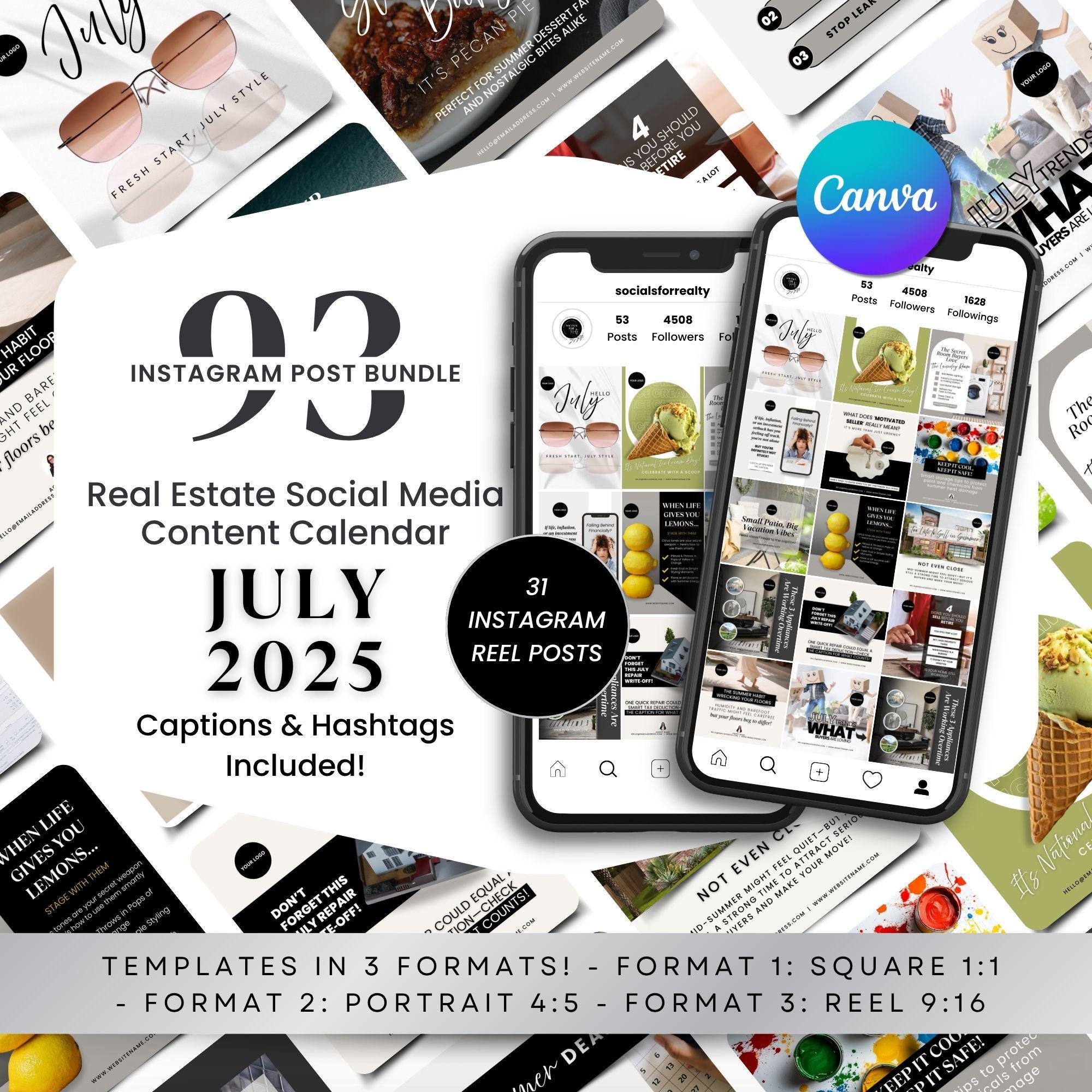 July 2025 Real Estate Social Media Posts | 93 Templates | Canva Instagram Content | Square + Reel + 4:5 | Captions & Hashtags