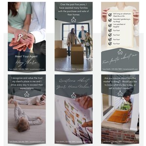 May include: A series of six images promoting real estate services. The first image shows a hand holding a set of keys. The second image shows a family standing in a doorway. The third image shows a child lying on a wooden floor. The fourth image shows a hand holding a piece of paper with a house plan. The fifth image shows a person standing in a doorway. The sixth image shows a person standing on a welcome mat.
