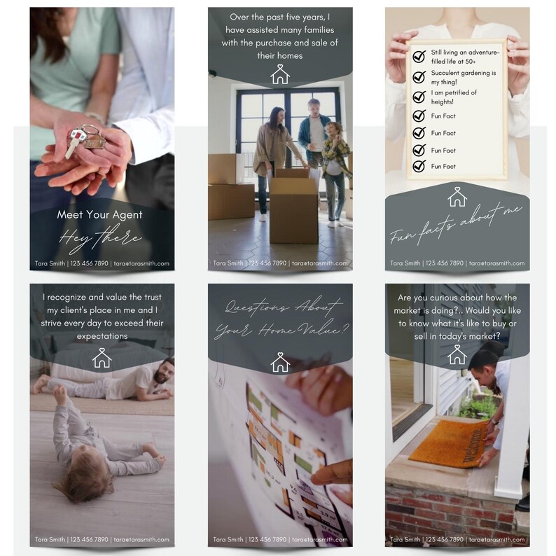 May include: A series of six images promoting real estate services. The first image shows a hand holding a set of keys. The second image shows a family standing in a doorway. The third image shows a child lying on a wooden floor. The fourth image shows a hand holding a piece of paper with a house plan. The fifth image shows a person standing in a doorway. The sixth image shows a person standing on a welcome mat.