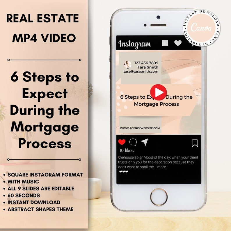 May include: A pink and white abstract design Instagram video template with a play button and the text "6 Steps to Expect During the Mortgage Process". The video is for real estate agents and includes a phone number, email address, and website.