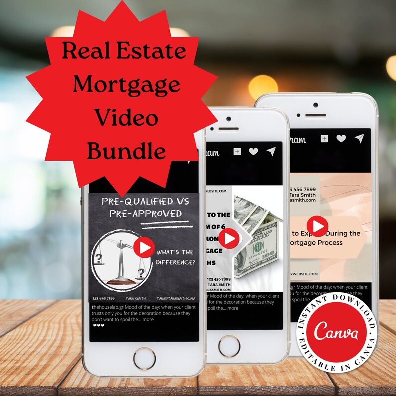May include: Three smartphone mockups with a red starburst graphic at the top. The text "Real Estate Mortgage Video Bundle" is in the starburst. Each phone shows a different video preview with a play button. The first phone shows a video preview about pre-qualified vs pre-approved mortgages. The second phone shows a video preview about the top 6 mortgage mistakes. The third phone shows a video preview about the mortgage process.